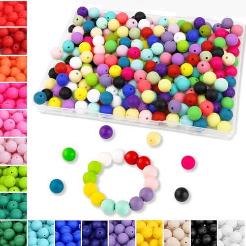 MAIBAOTA 150 Pcs Silicone Beads Bulk, 12 mm Mix Color Silicone Beads for Keychain Making, Loose Rubber Round for Keychain/Pens/Bracelet/Necklace Making（with Boxed Kits） - color: Multicolor01