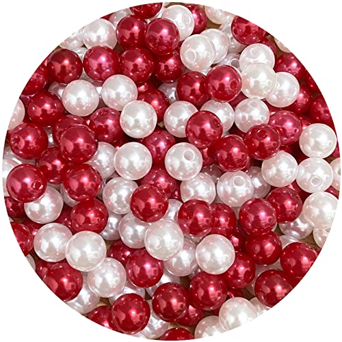200pcs 10mm Pearl Beads Satin Luste Round Loose Plastic Pearl Craft Beads for Jewelry Making Earring Bracelet Necklace Key Chains Sewing Crafts Decoration (Red/White)… - color: Red/White, size: 10mm