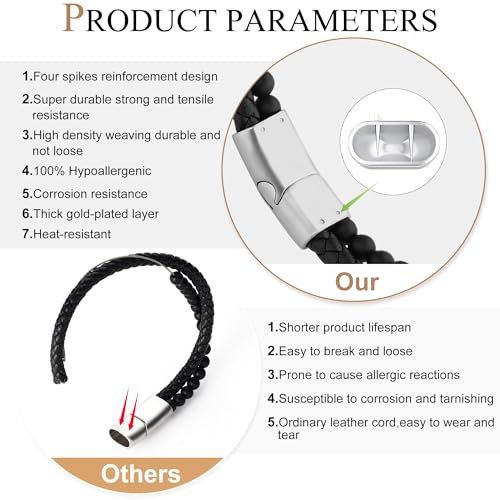 Mens Bracelet Fathers Gifts Day Black Braided Leather Stainless Steel Cross Jewelry Charming Bracelet Embedded with Black Agate Beads,Perfect for Wedding, Parties, and Everyday,Bible Verse Christian Religious Gift(7.5/8.5/9 Inch) - color: F+silver+8.5