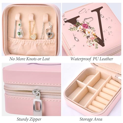 Small Travel Jewelry Case for Women, Initial Travel Jewelry Case Box Organizer Personalized Gifts, Fashion Travel Essentials Trendy Stuff for Teen Girls, Pink V - style: V