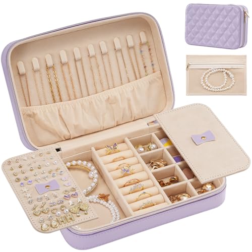 Lolalet Travel Jewelry Case for Women Girls, Travel Jewelry Organizer Box with Mirror & Clear Storage Bag, Small Portable Earring Necklace Bracelet Ring Case, Birthday Valentine Gifts -Medium, Purple - color: Purple, size: Medium (8.46"W*5.71"D*2.17"H)