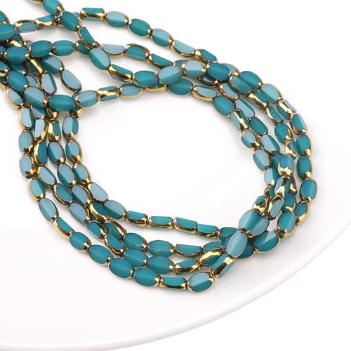 Glass Rice Beads Peacock Blue 4x6mm 50pcs Faceted Oval Golden Edge Crystal Loose Beads for DIY Craft Jewelry Making - color: Peacock Blue