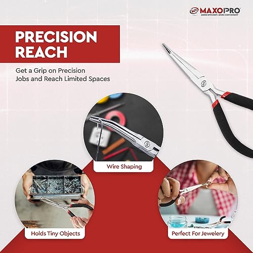 Premium 6 Inch Mini Needle Nose Pliers Set - 2 PCs Bent and Straight Long Nose Pliers with Comfort Grip - Non-Serrated Rust-Proof Long Reach Jewelry Pliers for Jewelry Making, Handmade Craft