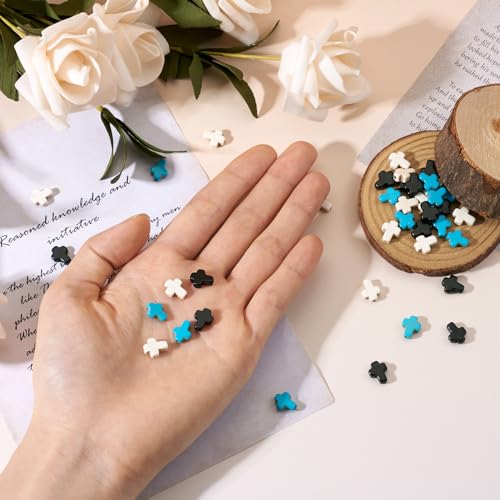 60 Pcs Turquoise Cross Beads Turquoise Stone Beads Small Cross Bead Charms Turquoise White Black Cross Crucifix Spacer Beads for Easter Holiday Bracelet Necklace Jewelry Making - color: Black/White/Blue