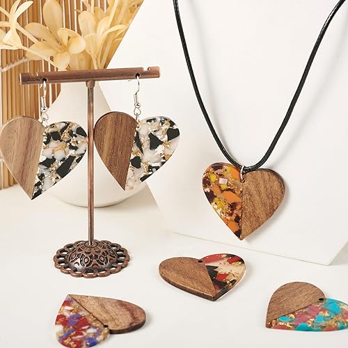 FASHEWELRY 16pc Heart Resin Wood Earrings & Charms - Gold Foil Wooden Earring Blanks & Findings for Jewelry Making - color: Heart with Gold Foil