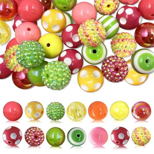 50Pcs Yellow Green Chunky Bubblegum Beads, 20mm Chunky Bubble Gum Beads for Adult DIY Beadable Pens Bracelets Necklaces Pearl Beaded Craft Mother's Day Jewelry Making - color: Rose Red+Light Green