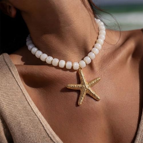 Chunky Beaded Starfish Shell Necklace for Women Colorful Boho Summer Chain Choker Beach Necklace with Acrylic Beads Trendy Chunky Jewelry Gifts - color: XL005F-01