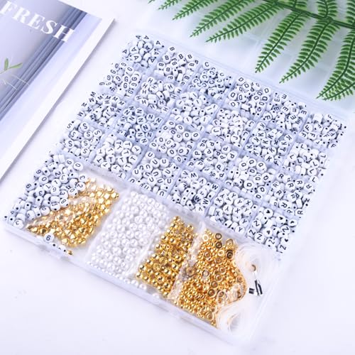 2080 Pcs White Round Letter Beads with Gold Spacers for Bracelets & Keychains, Alphabet Beads Kit with Accessories DIY Crafts for Women & Girls - color: A2#White Gold