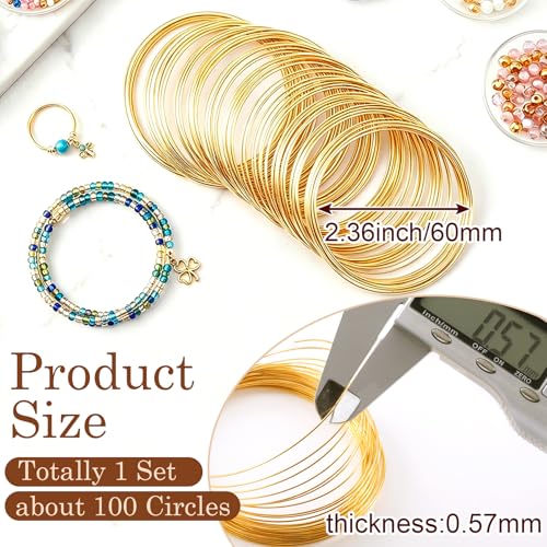 100 Loops Memory Wire for Jewelry Making, 0.57mm 18K Gold Plated Memory Beading Wire for Bracelets, Jewelry Accessories for Necklaces Bangles DIY Crafts - color: Gold