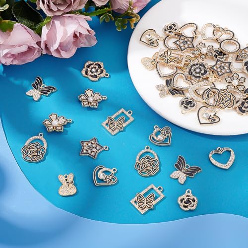 48Pcs 12 Styles Rhinestones Charms Alloy Enamel Love Pendants with Crystal Rhinestone Flower Butterfly Round Ring Charm for Necklace Bracelet Earrings Jewelry Making DIY Craft