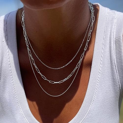 Freekiss Women's Layered Necklace Set - 3 Piece Dainty Gold Jewelry for Everyday Stacking | 14K Gold Plated Snake Chain, Rope Chain, Cuban Chain | Adjustable Length 14-18.5 Inch | Gift Ready - color: Silver, style: Paperclip+O Chain+Box Chain