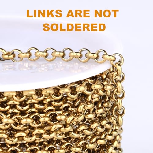 33FT 18K Gold PVD Plated Rolo O Chains Roll, 3.5mm Gold Stainless Steel Round Rolo Chain Spool Bulk for Jewelry Making - color: gold, size: 3.5mm