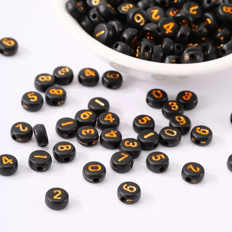 1000Pcs Acrylic Number Beads Round Number Round Beads 4x7mm Mixed Number Beads, for Jewelry Bracelets Necklaces Key Chains Making (Black Gold) - color: Black Gold