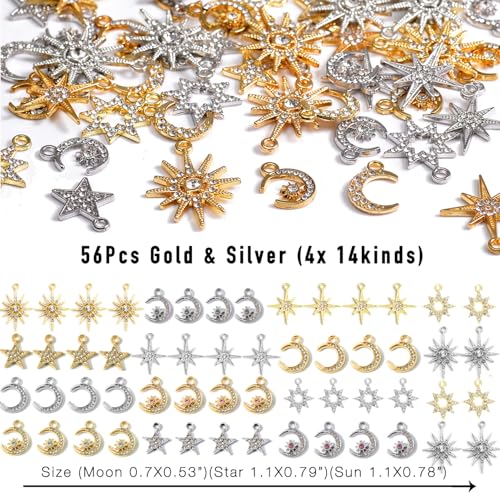 stino 48/56 Pieces Jewelry Celestial Charms Set, Silver & Gold Plated Moon Star Sun Pendants, DIY Jewelry Making Accessories - style: Rhinestone