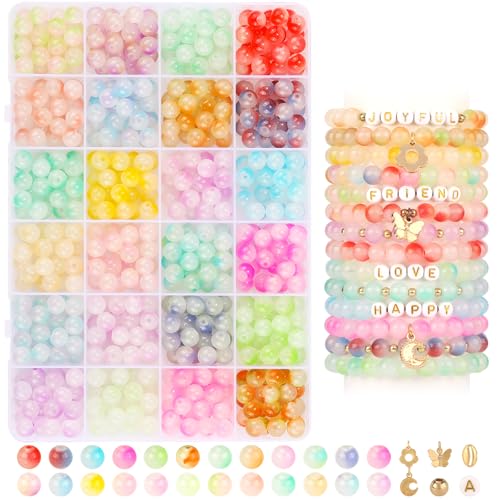 760PCS 8mm Glass Beads for Jewelry Making 24 Color Crystal Beads Bracelet Making Kit Gradient Round Bead for DIY Earrings Necklaces Rings with Letter Bead for Bracelets&Charms Accessories - color: beads-001