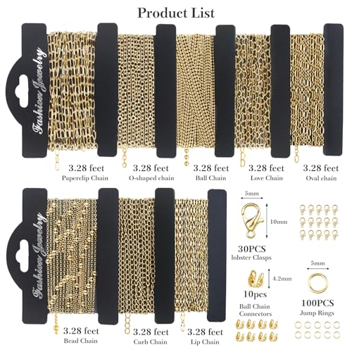14k Gold Necklace Chains for Jewelry Making, Total 27 Feet 8 Rolls Bracelet Chains for DIY, 3.3 Feet Each Style, 14K Gold Plated Chain with Jump Rings/Lobster Clasps/Connectors - color: 14k Gold-27 Feet 8 Rolls