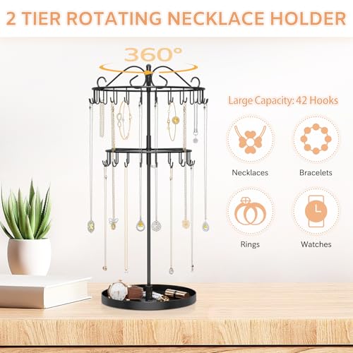 iDavosic.ly 2 Tier Rotating Necklace Organizer with Jewelry Tray, Adjustable Metal Necklace Holder with 42 Hooks, Extra Tall Bracelet Keychain Spinning Display Stand Tree Tower for Women, Black - color: Black with Tray