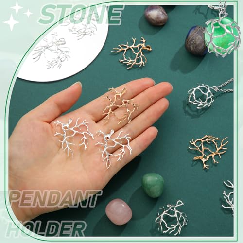 Hicarer 20 Pcs Pendant Trays for Jewelry Making Branch Shape Metal Claw Cage Pendant Holder Crystal Cage Necklace Open Bezels for DIY Necklace Jewelry Making Supplies - color: Silver and Gold