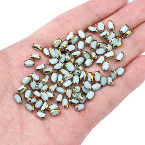 Glass Rice Beads Peacock Green 4x6mm 50pcs Faceted Oval Golden Edge Crystal Loose Beads for DIY Craft Jewelry Making - color: Peacock Green