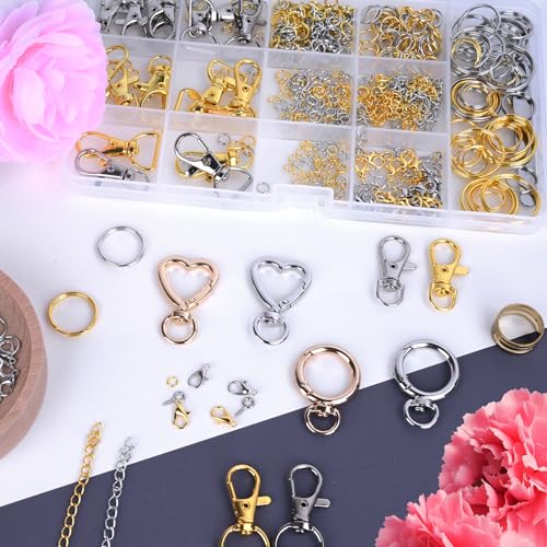 Prdingfy 579PCS Keychain Making Kit, Key Chain Supplies Including Keychain Clip, Key Rings, Lobster Claw Clasps, Jump Rings, Extender Chain,Pliers for Key Chain Making and Jewelry Making(Gold&Silver) - color: Gold-Sliver