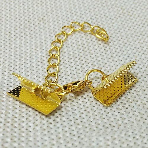 10 Set Ribbon Clamp Crimp Ends Beads with Lobster Claw Swivel Clasps Extension Chain Jump Rings Cords End Caps String Leather Clip Foldover Necklace Bracelet Connectors (Gold Crimp 10mm) - color: Gold crimp 10mm