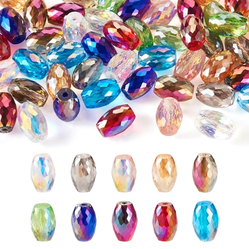 50Pcs Faceted Glass Oval Beads for Bracelets 11x8mm AB Color Crystal Column Suncatcher Beads Clear Iridescent Kandi Bead Spacers for Crafts DIY Wind Chimes Jewelry Making Supplies - color: 10 Colors, AB Color