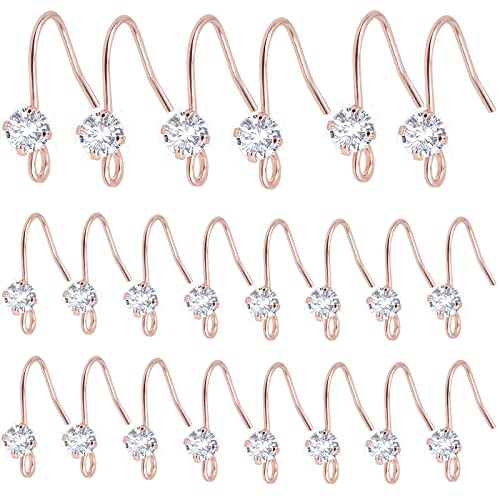 30 Pieces Diamonds Fish Earring Hooks Brass French Rhinestone Ear Wire with Open Loop Hole for DIY Dangle Earrings Jewelry Making, Rose Golden - color: Rose Gold