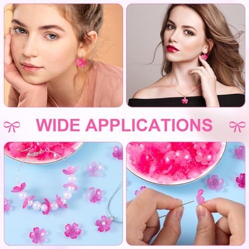 100pcs Cherry Blossom Beads, 5-Petal Gradient Acrylic Flower Beads, Mini Spacer Hair Accessories Halloween Christmas for Bracelets Earring Jewelry Making- Pink - color: Pink