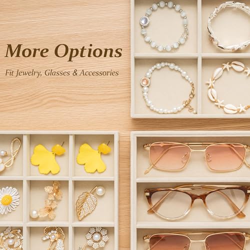 pickpiff Drawer Jewelry Organizer & Display Trays: 2pcs 24grid Velvet Stackable Jewelry Case (13.8x9.4x1.2inch) - Soft Beige Ring Storage Bracelet Holder Earring Box - size: 24 grids + 24 grids