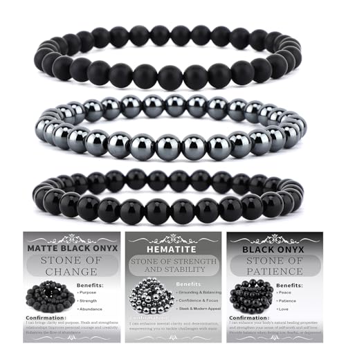 2/3-Pieces 4mm 6mm 8mm Natural Crystal Gemstone – Handmade Reiki Energy Healing Stretch Bracelets Jewelry for Yoga, Meditation, Unisex - color: 3 Pieces (BlackOnyx&Hematite&MatteBlackAgate), size: 6mm