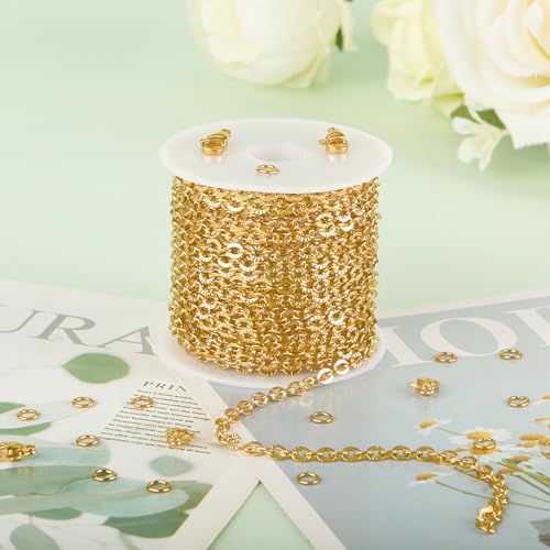KYUNHOO 16.4 Feet Gold Chain for Jewelry Making Embossed Circle Chains on Spool Gold Plated Stainless Steel Chain Necklace with Lobster Clasps and Jump Rings for DIY Bracelet Earring - color: Oval Gold