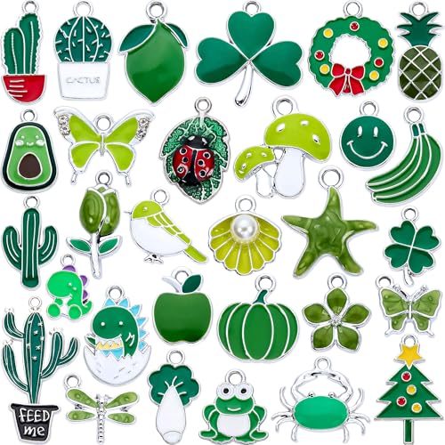 Silver-Tone Enamel Charms Set for DIY Jewelry Making - 30 PCS Colorful Metal Pendants for Bracelets, Necklaces, Keychains - Cute Craft Supplies, Gift for Womens - color: Green