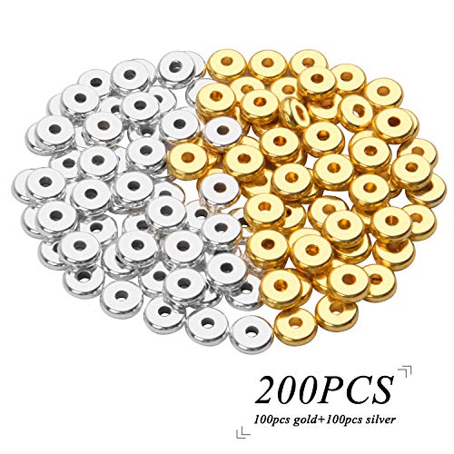 200pcs 8mm Flat Round Rondelle Spacer Beads Disc Spacers Loose Beads Jewelry Metal Spacers for DIY Bracelet Necklace Crafts,Gold and Silver - color: Gold and Silver