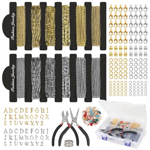 59FT 18K Gold Necklace Chains for Jewelry Making 12 Rolls Gold Plated Stainless Steel Jewelry Chains Kit with 52 Letter Pendants,Pliers,Jump Rings,Lobster Clasps Accessories for DIY Necklace Bracelet - color: 18k Gold Plated+Stainless Steel 59Ft