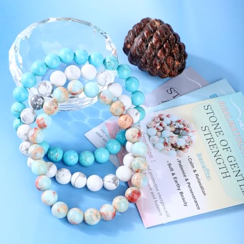 2/3-Pieces 4mm 6mm 8mm Natural Crystal Gemstone – Handmade Reiki Energy Healing Stretch Bracelets Jewelry for Yoga, Meditation, Unisex - color: 3 Pieces (AgalmatoliteJasper&BlueTurquoise&Howlite), size: 8mm