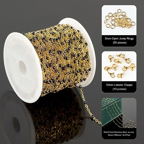 UMAOKANG 10 Meters Gold Plated Chains for Jewelry Making Black Enamel Bead Stainless Steel Link Chain on Spool - color: Gold-Black Enamel