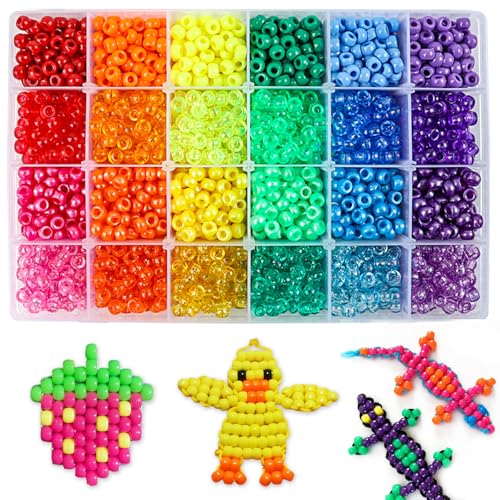 2880pcs Kandi Beads for Hair Pony Beads Kit Rainbow Beads Plastic Bead for Craft 6 x 9mm 24 Colors 4 Styles Large Hole Beads Set for Bracelets Jewelry Making