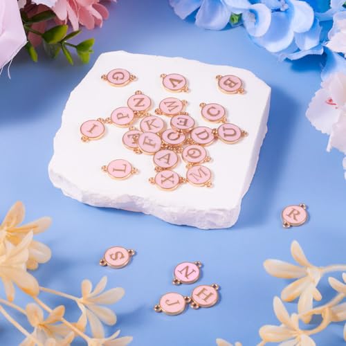 KISSITTY Flat Round with Alphabet Connector Charms Alloy Enamel Letter Links Connectors for DIY Bracelet Earring Jewelry Making - color: Pink