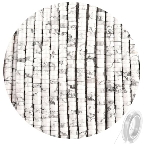 300pcs Natural White Howlite Heishi Spacer Beads 2x4mm Genuine Real Disc Stone Beading DIY Charm Smooth Loose Gemstone Beads for Jewelry Making Bracelets Necklaces Earrings Crafts - color: White Howlite