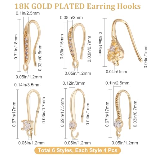 Beebeecraft 24Pcs 6 Style Cubic Zirconia Earring Hooks 18K Gold Plated Ear Wire Fish Hooks with Loop for DIY Earring Jewelry Making 15~18mm Long - color: 6 Style Earring Hooks