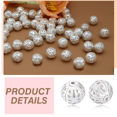 TOAOB 100pcs 8mm Silver Plated Filigree Hollow Ball Beads Round Metal Loose Spacer Beads for DIY Crafts Bracelets Necklaces Earrings Jewelry Making - color: Silver, size: 8mm