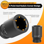 1" Drive Jumbo Impact Socket Set,9 PCS SAE (1",1-1/8",1-1/4",1-3/8",1-1/2",1-5/8",1-3/4",1-7/8",2") Universal Hex Deep Socket Combination,CR-MO Alloy Steel,Heavy Duty Storage Case - size: 1 Inch 9-Piece