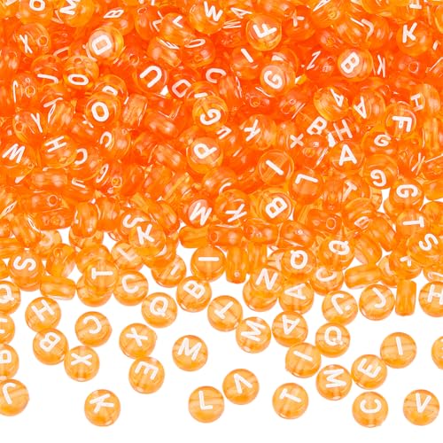 1000Pcs Transparent Letter Beads Acrylic Mixed Alphabet Beads Flat Round Disc Spacer Bead White Alphabet Pattern Loose Bead for Bracelet Necklace Jewelry Making 7x4mm Dark Orange - color: Dark Orange