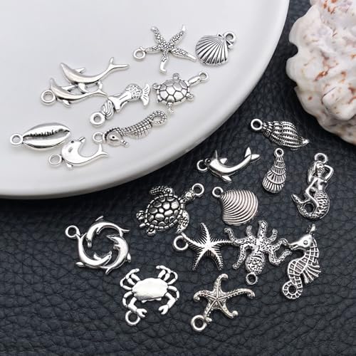 WOCRAFT 60pcs Antique Silver Ocean Charms Bracelet Charms for Jewelry Making Sets DIY Necklace Bracelet Keychain Crafting Charms Kit Craft Supplies (SN881) - color: Antique Silver, size: Ocean Charms