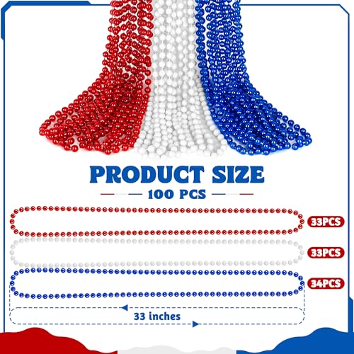 Huskein 100 PCS 4th of July Beads, 33" Patriotic Beads Necklaces Bulk, Red White Blue Necklace Bulk, Independence Day Party Parade Accessories Set for Memorial Day Fourth of July Party Supplies - color: RedWhiteBlue