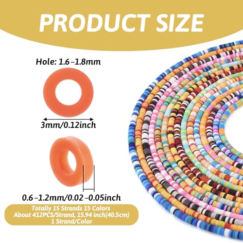 Elecrelive 15 Colors Clay Bead Strands 3mm Polymer Vinyl Heishi Beads Friendship Bracelet Kit Chip Disk Flat Round Spacers for Chocker Necklace Earring DIY Crafts - color: 15 Colors