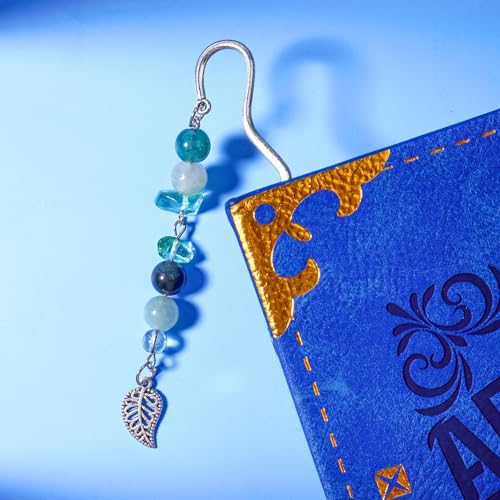Vintage Metal Leaf Bookmark Pendant with Natural Crystal Bead Chain–Elegant Bookmarks for Women,Men,Book Lovers,Teachers and Students(Green Jade) - style: Leaf