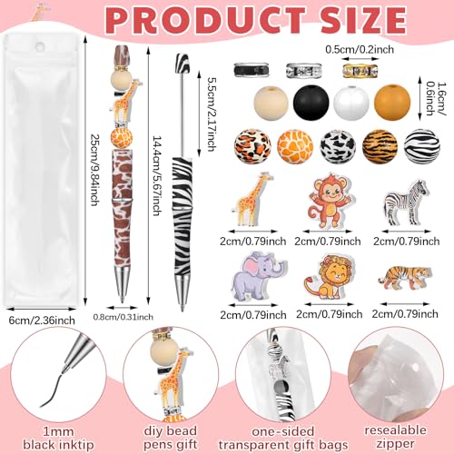 Colarr 24 Sets Plastic Beadable Pens DIY Pens Making Kit Assorted Wood Beads Crystal Spacer Black Ink Ballpoint for Women Crafts Office Family Gifts(Jungle Animals) - style: Jungle Animals