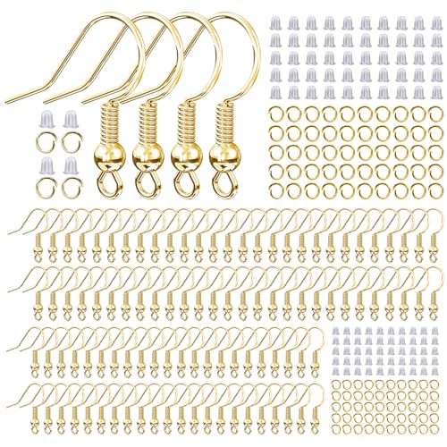 14k Gold Plated Earring Hooks for Jewelry Making, 300 Pcs Hypoallergenic DIY Earring Making Supplies Kit, Upgraded French Ear Fish Hook Earing Findings Wires Parts Hardware Pieces (Gold) - color: Gold