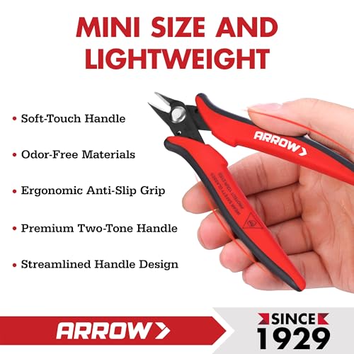 ARROW Micro Wire Cutters, 5" Precision Flush Cutters with Streamlined Handle and Ultra-Sharp Cutting Edge, Side & Diagonal Flush Cut Pliers for Electronics, Jewelry, Crafts, Zip Ties and Soft Wires